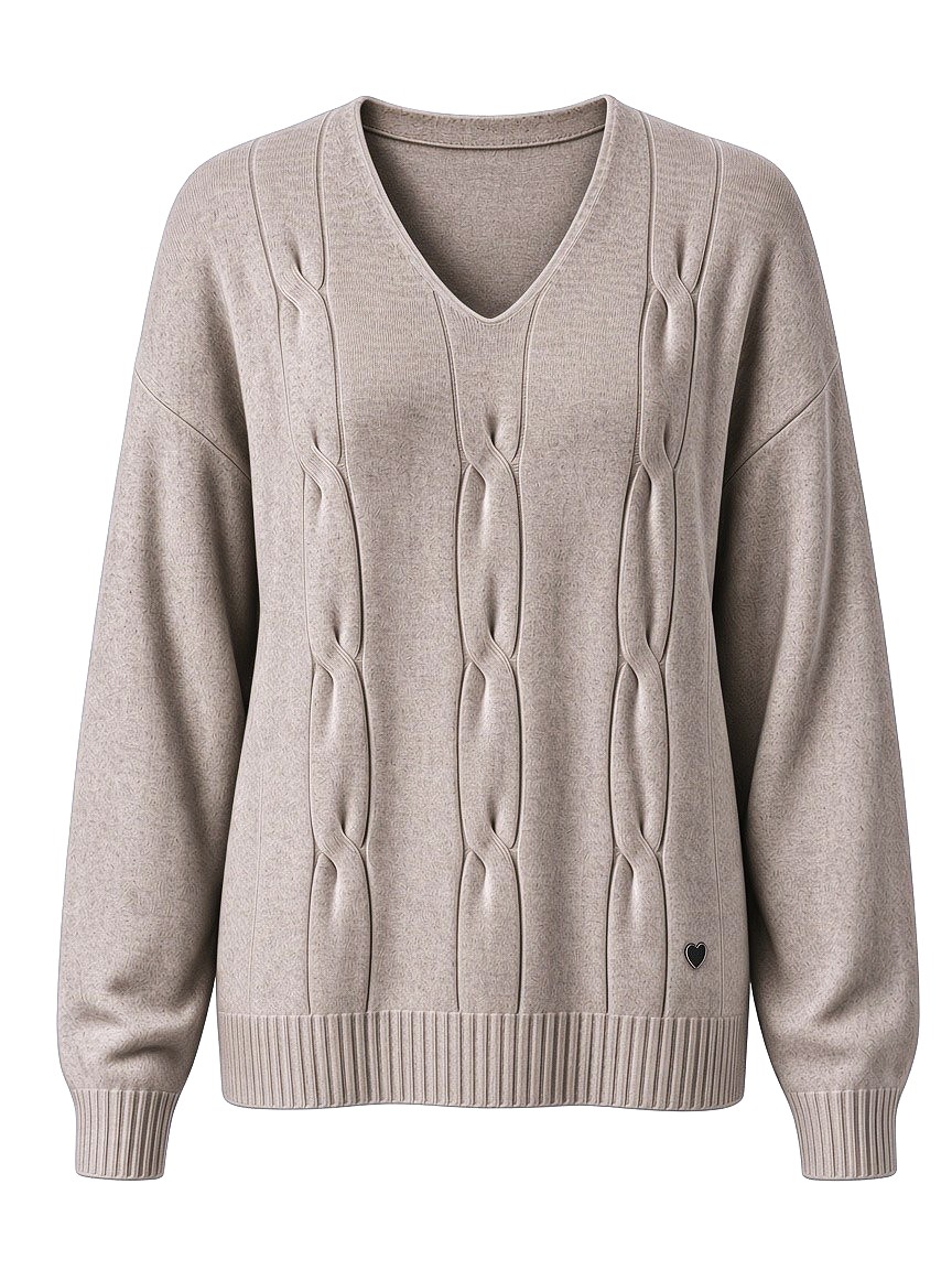 Dámsky pulóver s výstrihom do V s osmičkovým vzorom MINORITY ECRU MELANGE TAUPE béžová s.WEAR 1